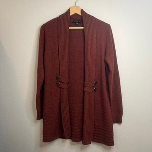 Fortune + Ivy Raiden Tab Open Front Cardigan Sweater Size Medium Maroon Academia - Picture 2 of 12